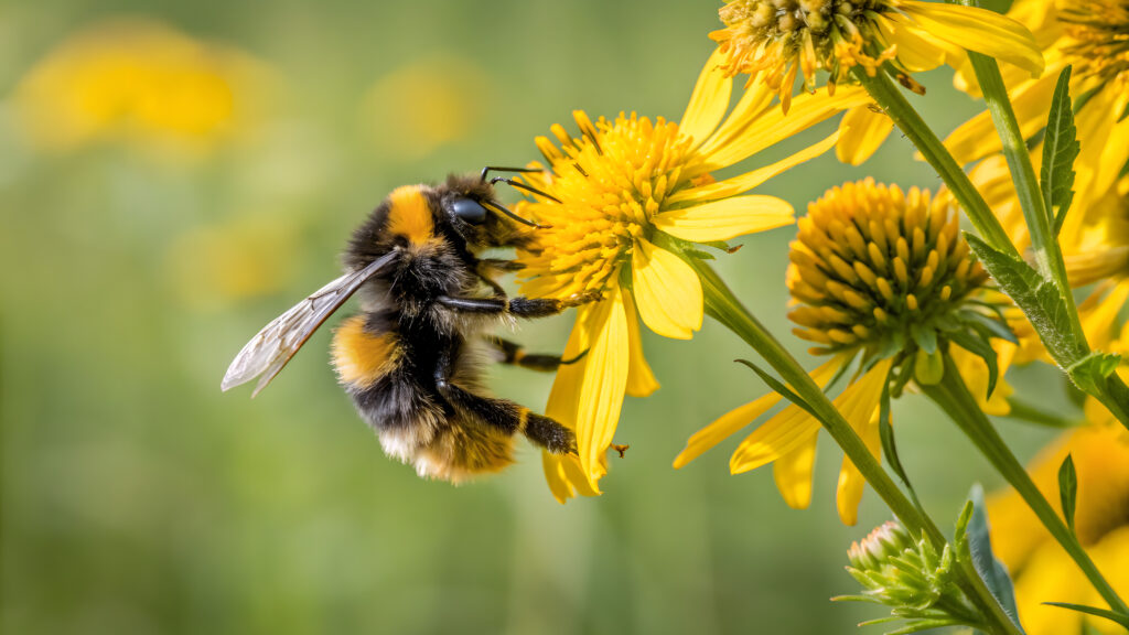 Nahaufnahme einer Hummel bei der Bestäubung einer gelben Blüte im sanften natürlichen Licht